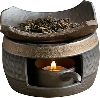 Umora茶 香炉 アロマ炉 茶香炉 陶器 焼き物 セラミック アロマ お皿・キャンドルトレイ付き 茶こうろ ギフト プレゼント 茶葉 セット（水玉柄）