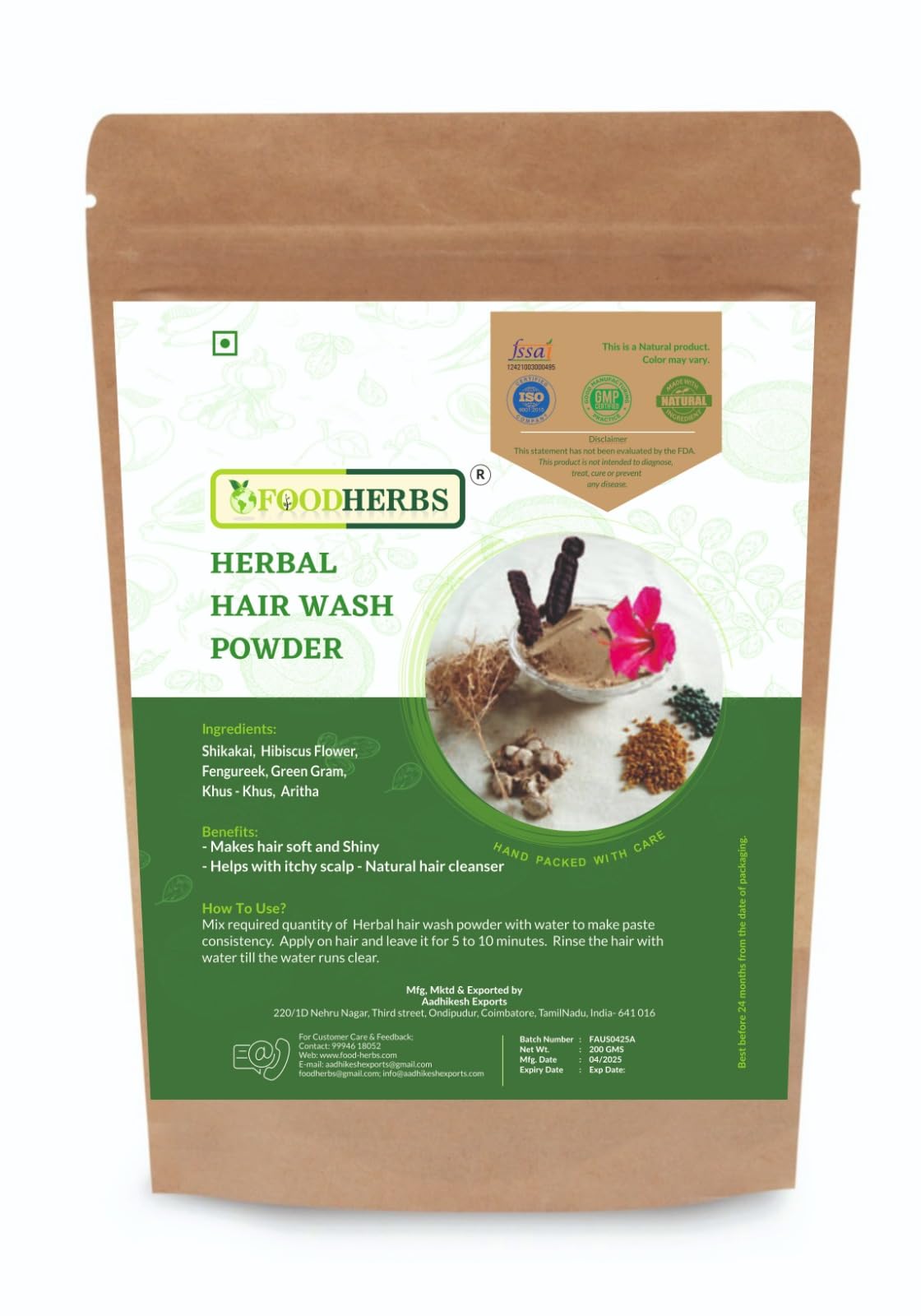 Foodherbs Herbal Hair Wash Powder | Blend of Shikakai, Hibiscus Flower, Fenugreek, Green Gram, Vetiver, Soap Nut | 200 g / 0.44 Lbs | Natural Hair and Scalp Cleanser | Herbal Shampoo | Thanks Giving