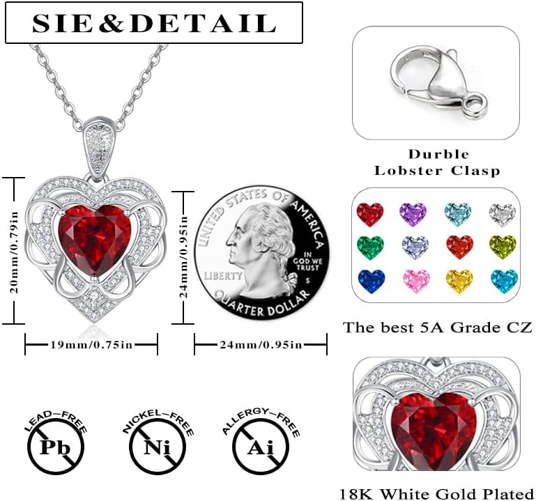 HeartMelody Necklace Birthday Gifts for Women,Garnet Birthstone Love Heart Pendant Necklace Anniversary Present for Wife, 18K White Gold Plated Jewelry Gifts for Mom Her - Image 4