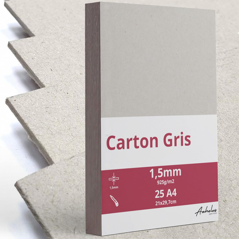 25 A4 Carton Gris 1,5mm d'épaisseur - format 21x29,7cm - Pour reliure A4 de 925 g/m2 - Carton pressé, recyclé, rigide compact - Cartonnette scrapbooking
