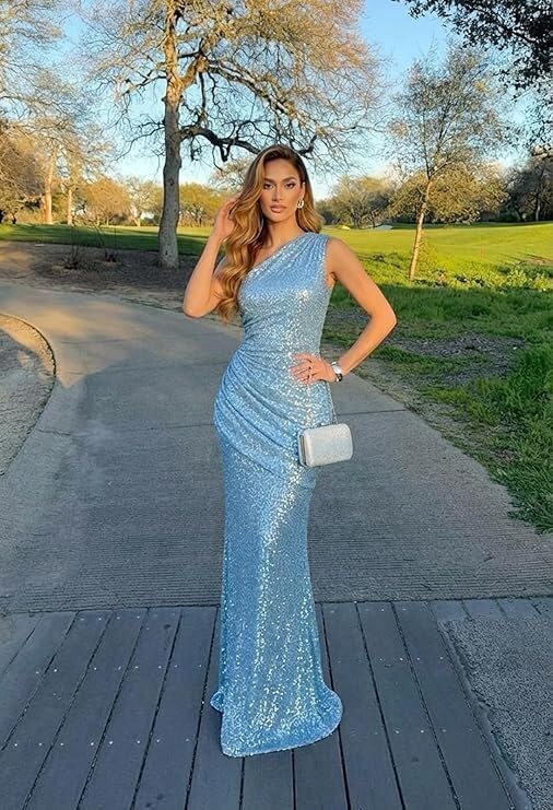 IIF One Shoulder Prom Dress for Women Sparkly Sequin Mermaid Long Ruched Ball Gown Formal Evening Party Dresses IIF201 - Image 4