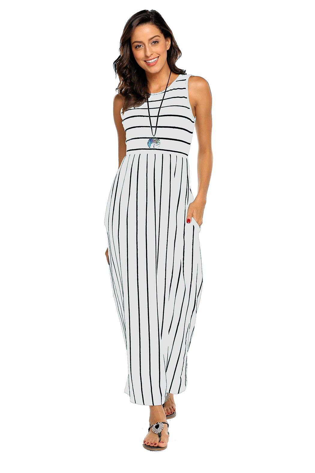 BDTECAOR Maxikleid Damen Sommer Boho Ärmellos Strandkleider Lässige Lange Tank Kleid mit Taschen