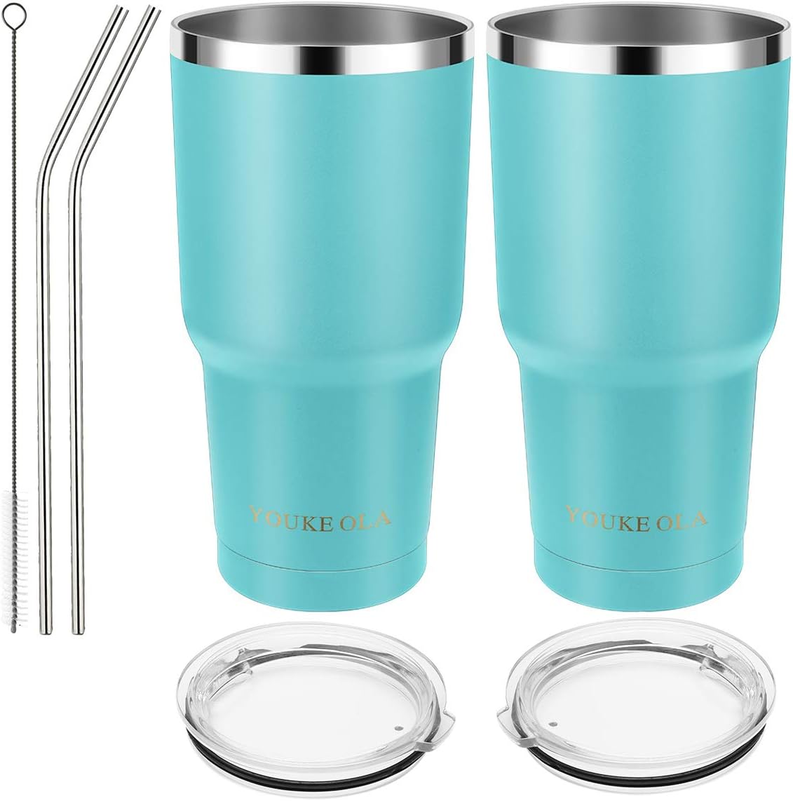 Stainless Steel Tumbler 30oz - Vacuum Insulated Tumbler Coffee Cup Double Wall Large Travel Mug with Lid, Straw, Brush, Gift Box Set (Seafoam, 30oz-2 Pack)