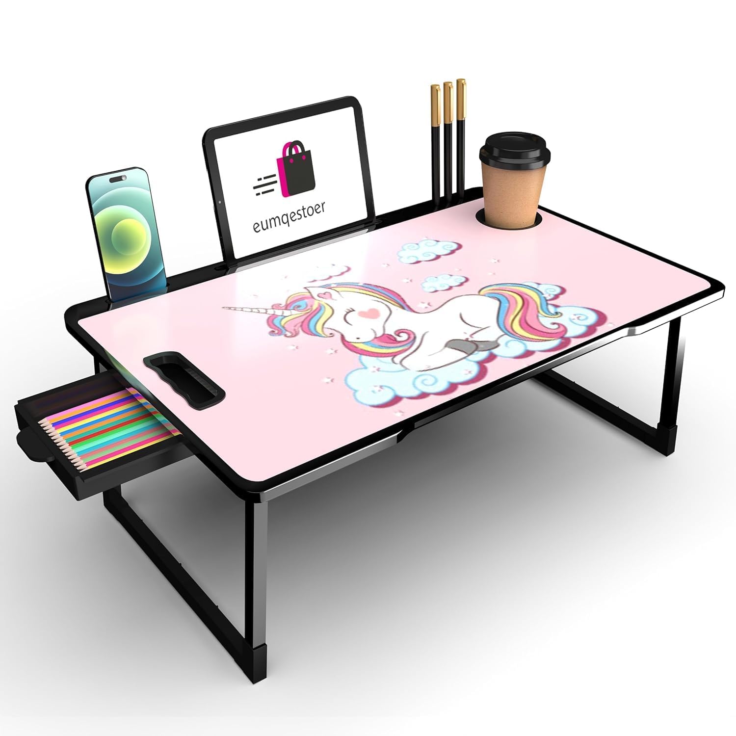 Foldable Wooden Mini Laptop Table for Bed, Study Table with Drawer, Tablet/Mobile Holder for Kids & Adults->> (B-UNICORN COTTED), 59cm, 40cm