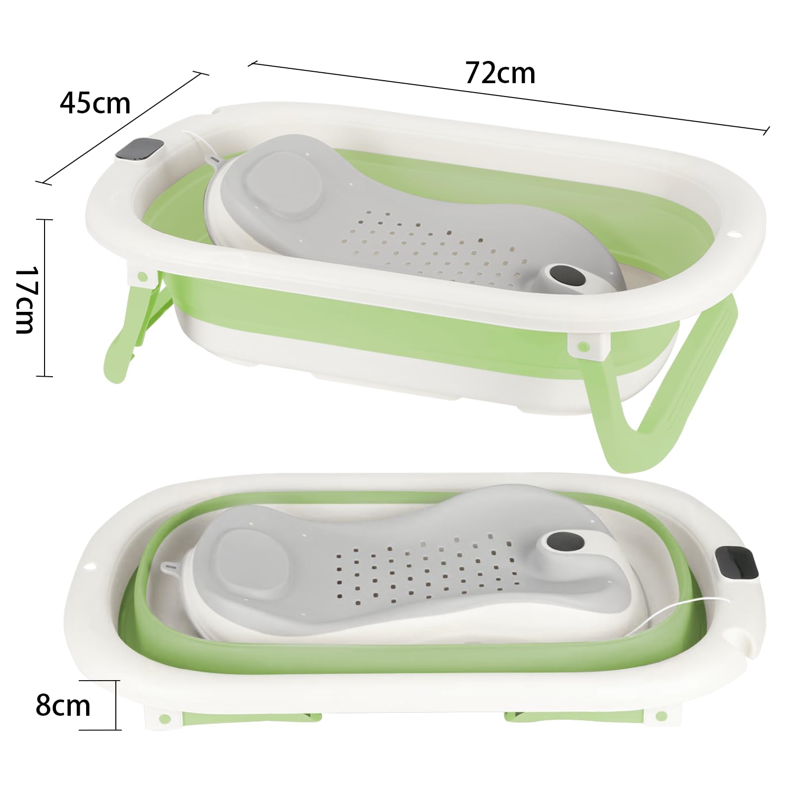 Baignoire Bébé Pliable avec Support Réglable – Bassine Nouveau-Né Pliable Antidérapante avec Thermomètre, Utilisation Facile à la Maison ou en Voyage（Vert）