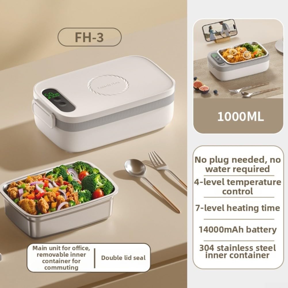 Fiambrera eléctrica inalámbrica de 14.000 mAh, 1 L, para adultos, con 8 temporizadores y 4 temp, carga rápida tipo C, recipiente de acero inoxidable a prueba de fugas, para oficina, viajes, camiones