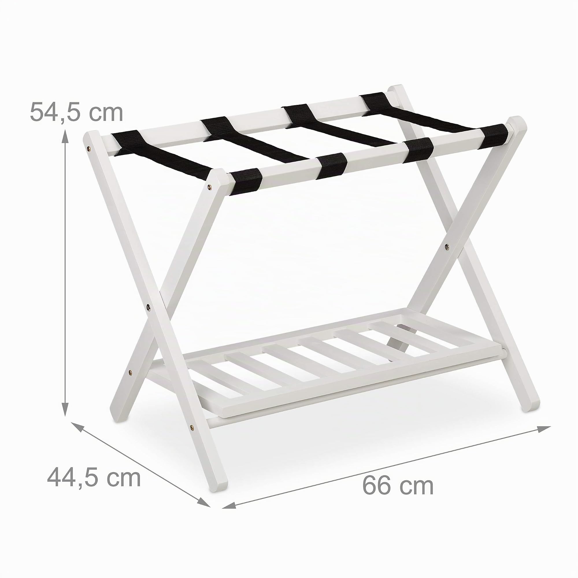 Relaxdays Soporte para Maletas Plegable, Reposa Maletas Madera, Porta equipajes, 2 baldas, 54,5x66x44 cm, Color Blanco