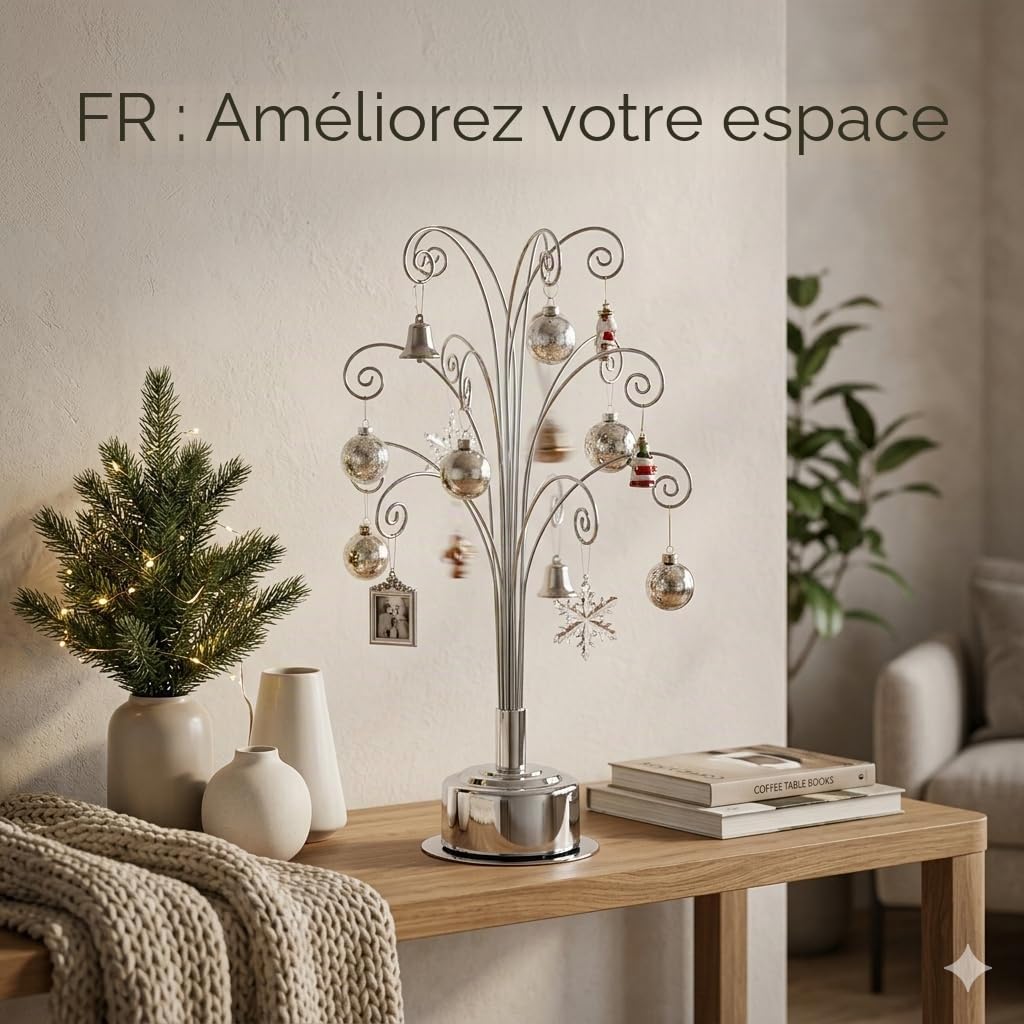 HOHIYA Support Métal Suspendu 42,5 cm pour Ornements Noël et Verre | Support en métal chromé avec crochets pour boules de Noël, plantes aériennes et terrariums idéal décoration maison et mariage