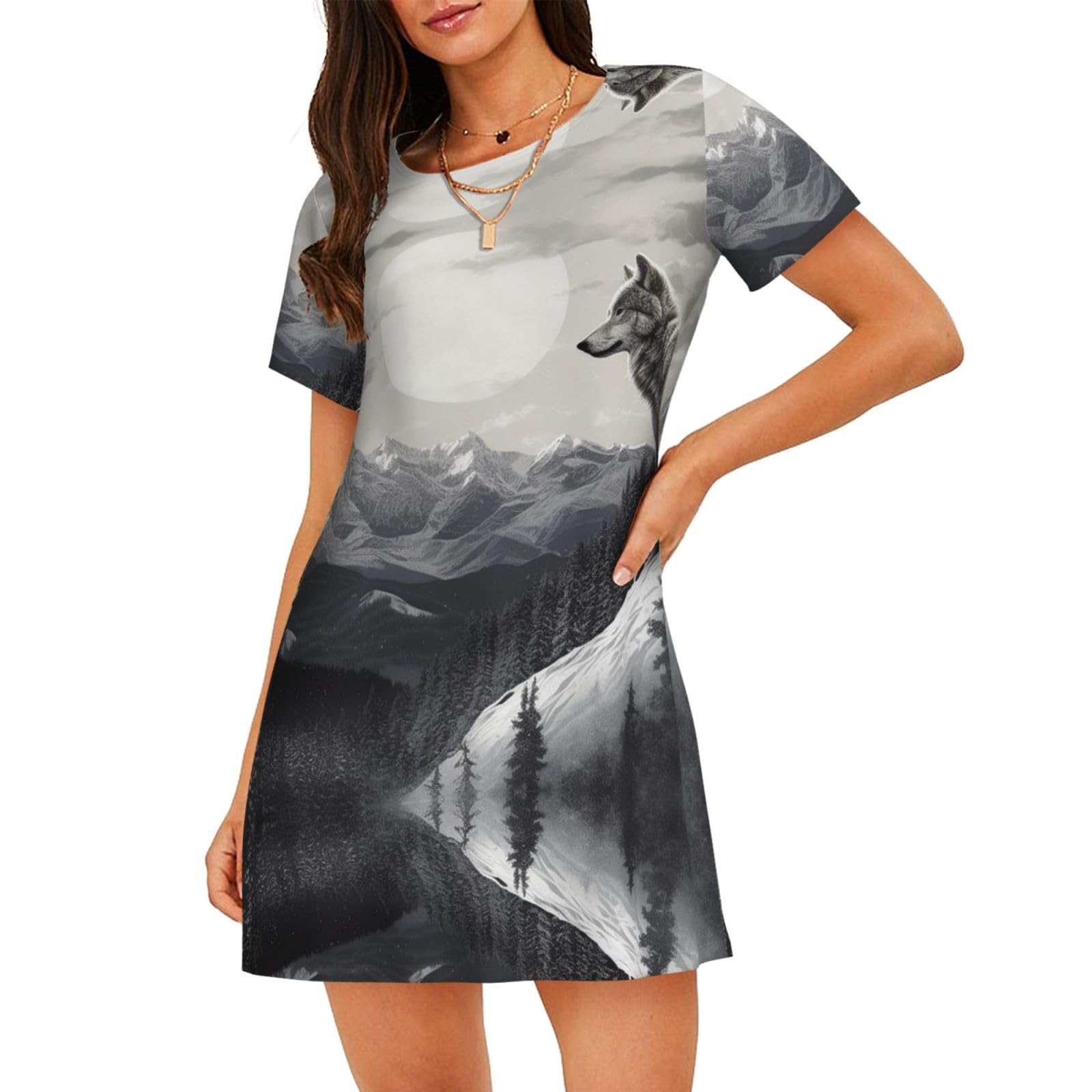POCUK Snow Mountain Lone Wolf Women'S Short-Sleeved Nightdress Summer Family Walk Shopping Vacation Home Clothes Black