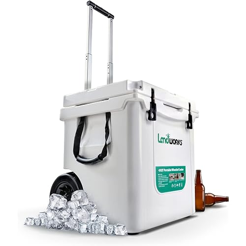 Landworks Wheeled Ice Cooler Rotomolded 42QT Upto 10 Day Ice Retention Commercial Grade Food Safe Dry Ice Compatible UV Protection 15mm Gasket Bottle Openers Telescopic Handle
