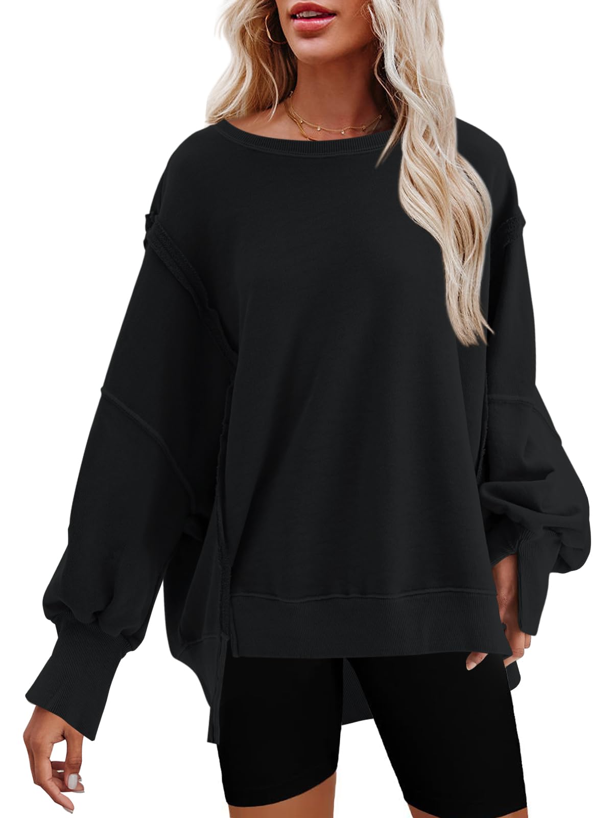 Nirovien Womens Oversized Crewneck Sweatshirt Side Slit Long Sleeve Pullover Slouchy Fit Tops