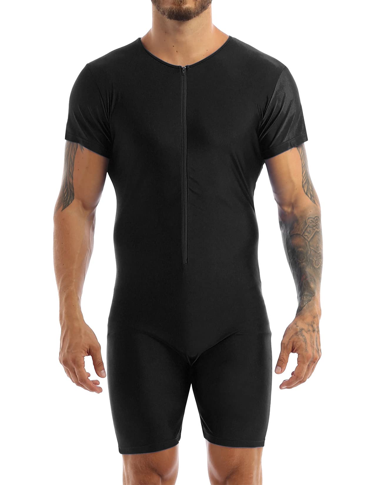 Men's One Piece Short Sleeve Zipper Front Dance Workout Bodysuit Biketard Unitard Jumpsuit