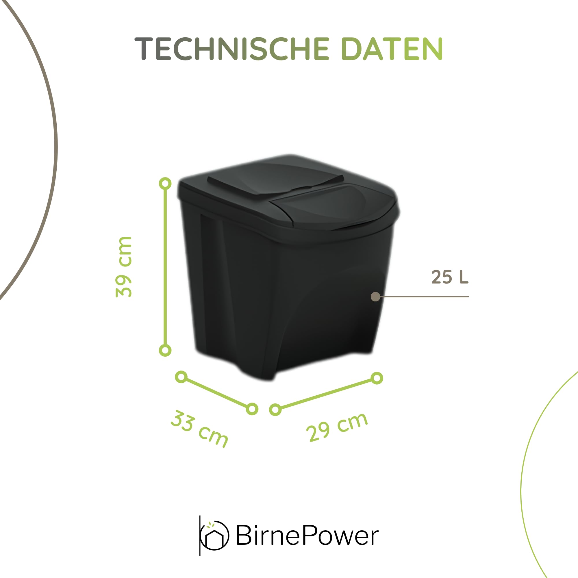 BirnePower Sortibox Mülltrennsystem 4x25L – 100L Mülleimer Set anthrazit mit farbigen Deckeln – stapelbare Abfalleimer mit Deckel für Küche, Haushalt und Garten Müllsortierer