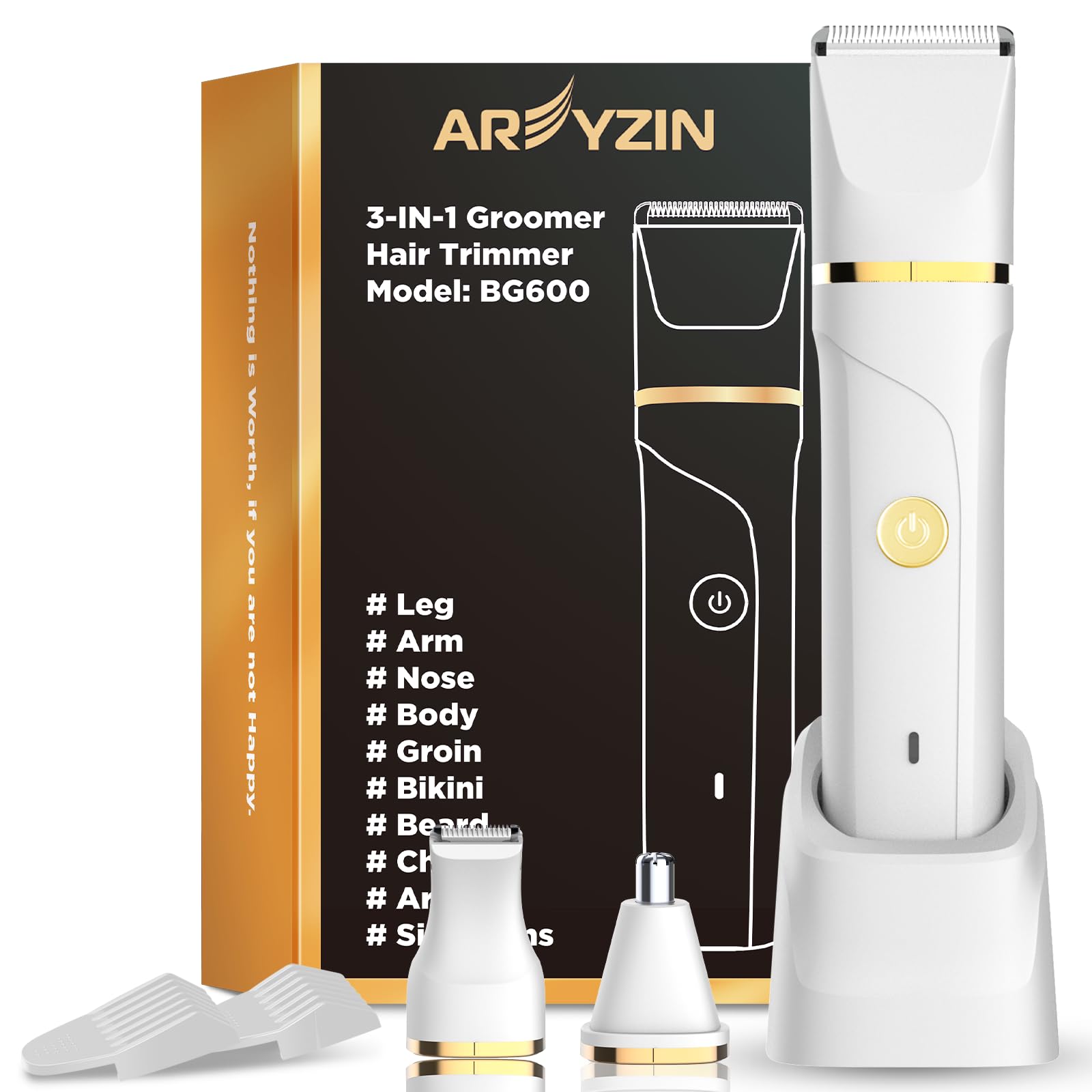 Bikini Trimmer for Women Painless Electric Razor for Women,3 in 1 Pubic Hair Trimmer,USB Recharge Dock,Replaceable Ceramic Blade Heads,IPX7,White