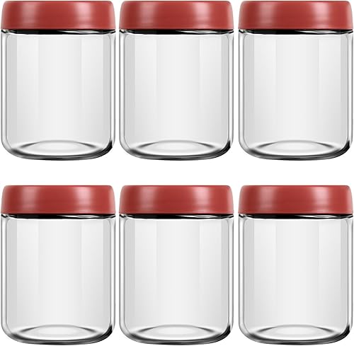 EONJOE Paquete de 6 tarros de vidrio de 16 onzas con tapas rojas, avena durante la noche, preparación de comida, ensalada, aperitivos, cereales,