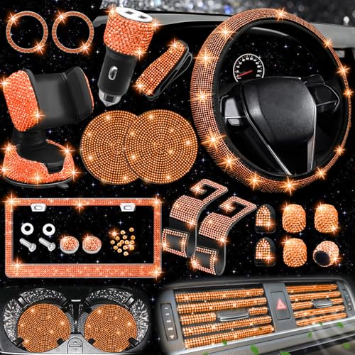 Image of NBTEPEM 27 PCs Orange Bling Car Accessories Set for Women, Steering Wheel Covers Universal Fit 15 Inch, Bling License Plate Frame, Bling Phone Holder, Bling Car Coasters (Orange Diamond)