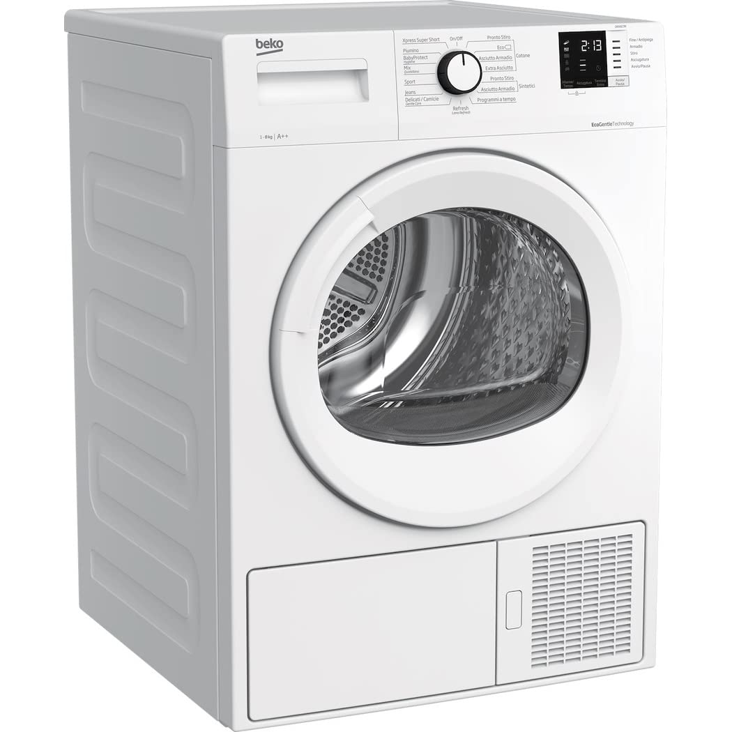 Beko - DRX823N - Asciugatrice Standard 8kg, Classe A++, linea estetica Basic, Display Digit, oblò bianco con manopola bianca, Partenza ritardata 0-24h, Dimensioni AxLxP: 84,6x59,7x56,8cm.