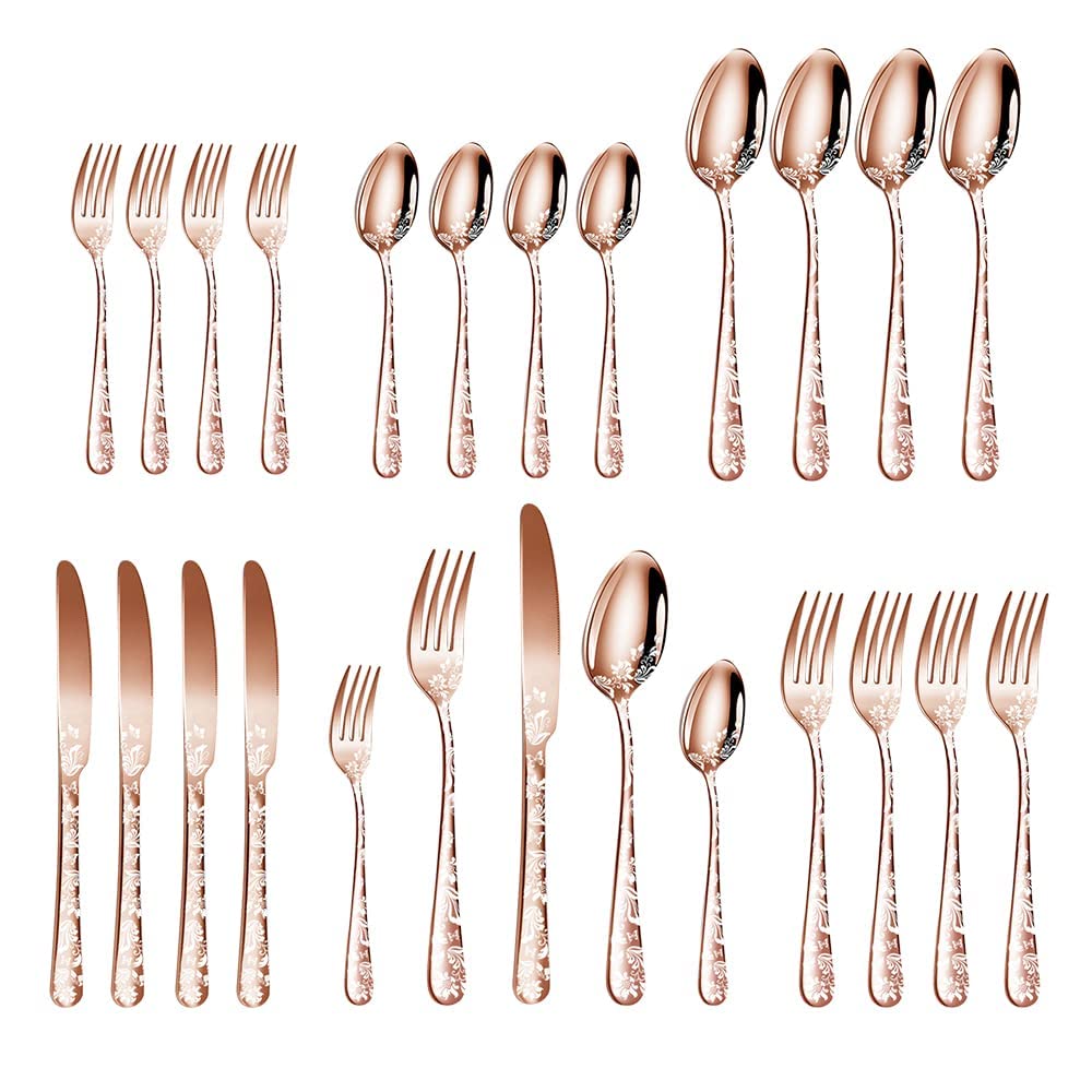 Aoresac Juego de Cubiertos 4 Personas,20 PCS Juego de Cubiertos de Acero Inoxidable Patrón Pulidos Con Espejo de Flores Incluye Cuchillo, tenedor para Cocina Restaurante Fiesta(Oro rosa)