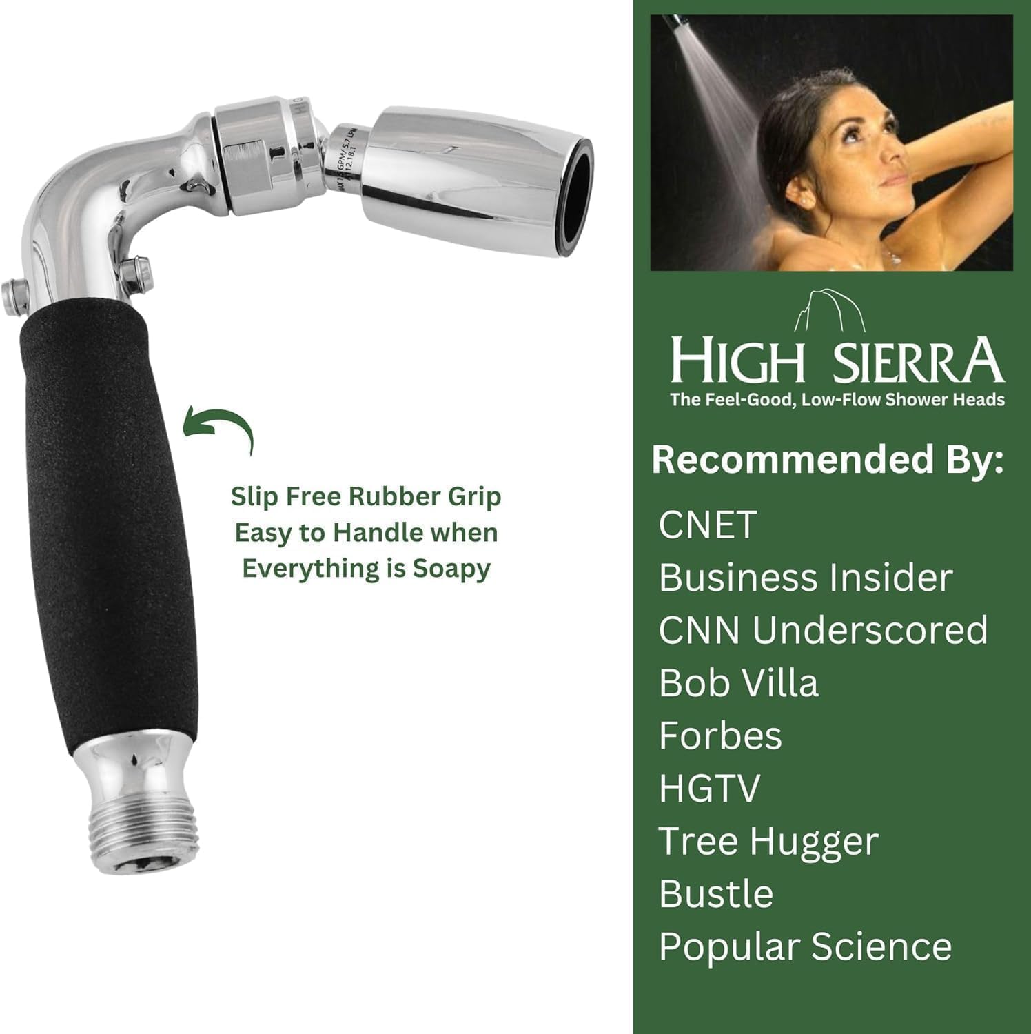 High Sierra® Solid Lead-Free Metal Handheld Shower Head, Built-in Trickle Valve, Patented single Nozzle Never Clogs. Shower Hose and Holder Not Included. Ultra Low Flow 1.25 GPM. Matte Black