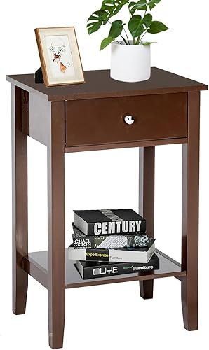 Mesa auxiliar de noche moderna de mediados de siglo con cajones y estantes abiertos, armario de noche de 2 capas, mesa auxiliar estrecha de madera