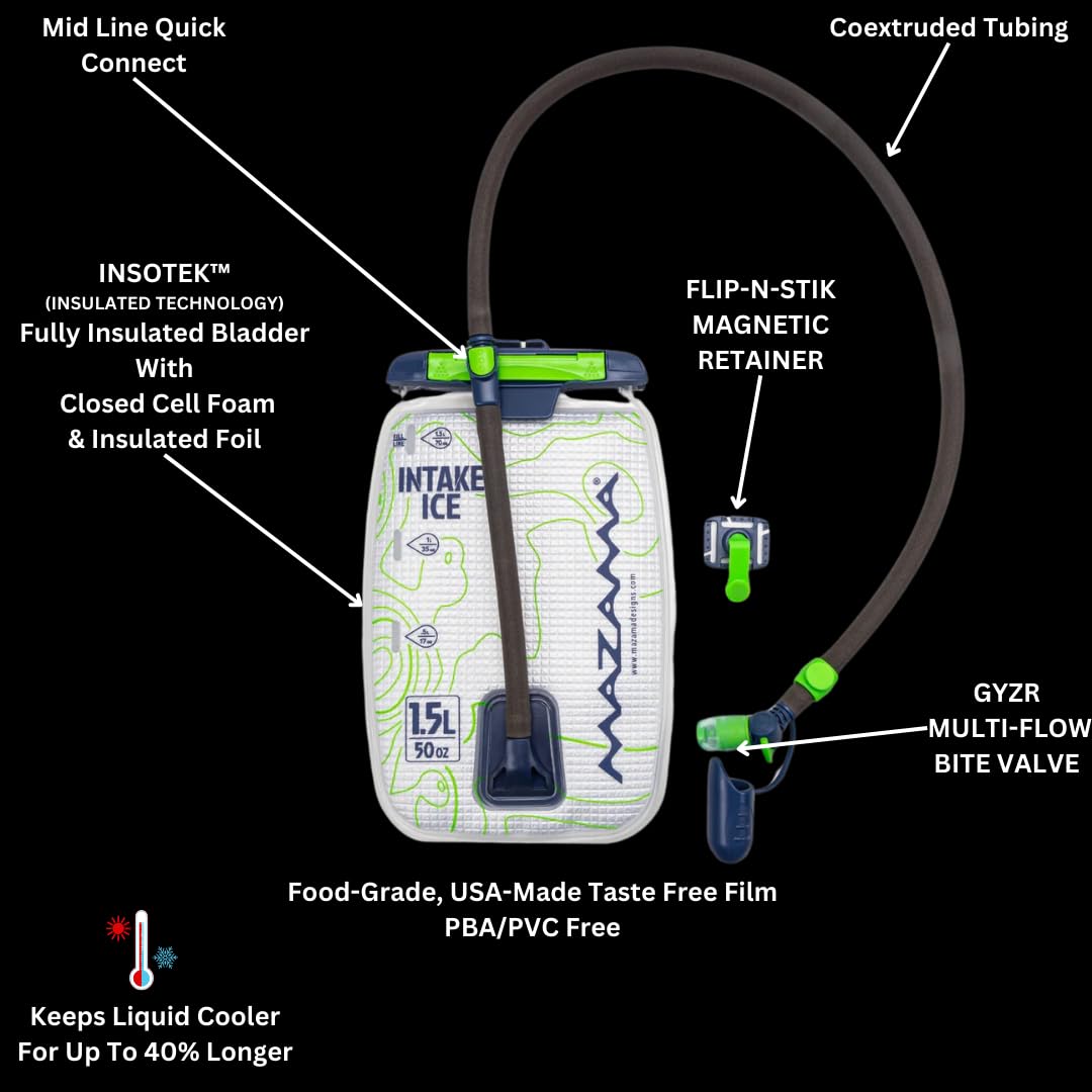 Mazama INTAKE ICE - Depósito de hidratación aislado de 1,5 L con tubo aislado, mantiene los líquidos fríos hasta cuatro horas, bolsa de agua para senderismo, camping y aventuras al aire libre