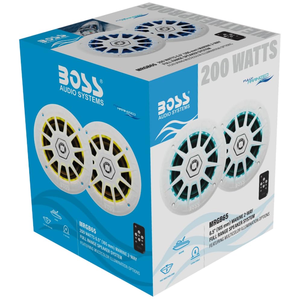 KIT SET PER BOSS AUDIO SYSTEMS MRGB65 2 altoparlanti marini full range a 2 vie da 6,5" 16,5 cm 165 mm, 100 watt rms 200 watt max, 4 ohm, impermeabili, con led rgb, a coppia + telecomando