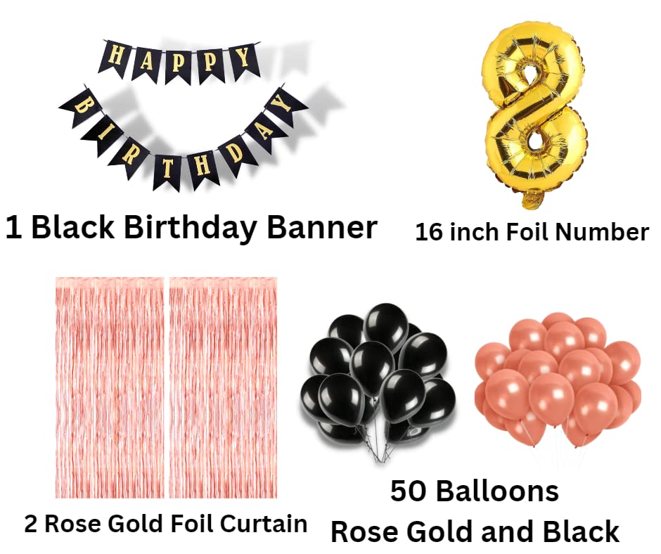 Image of 8th Birthday Decoration items for Girls with Black and Rose Gold Balloons, Black Happy Birthday Banner, Rose Gold Foil Curtain, Foil Balloon number 8