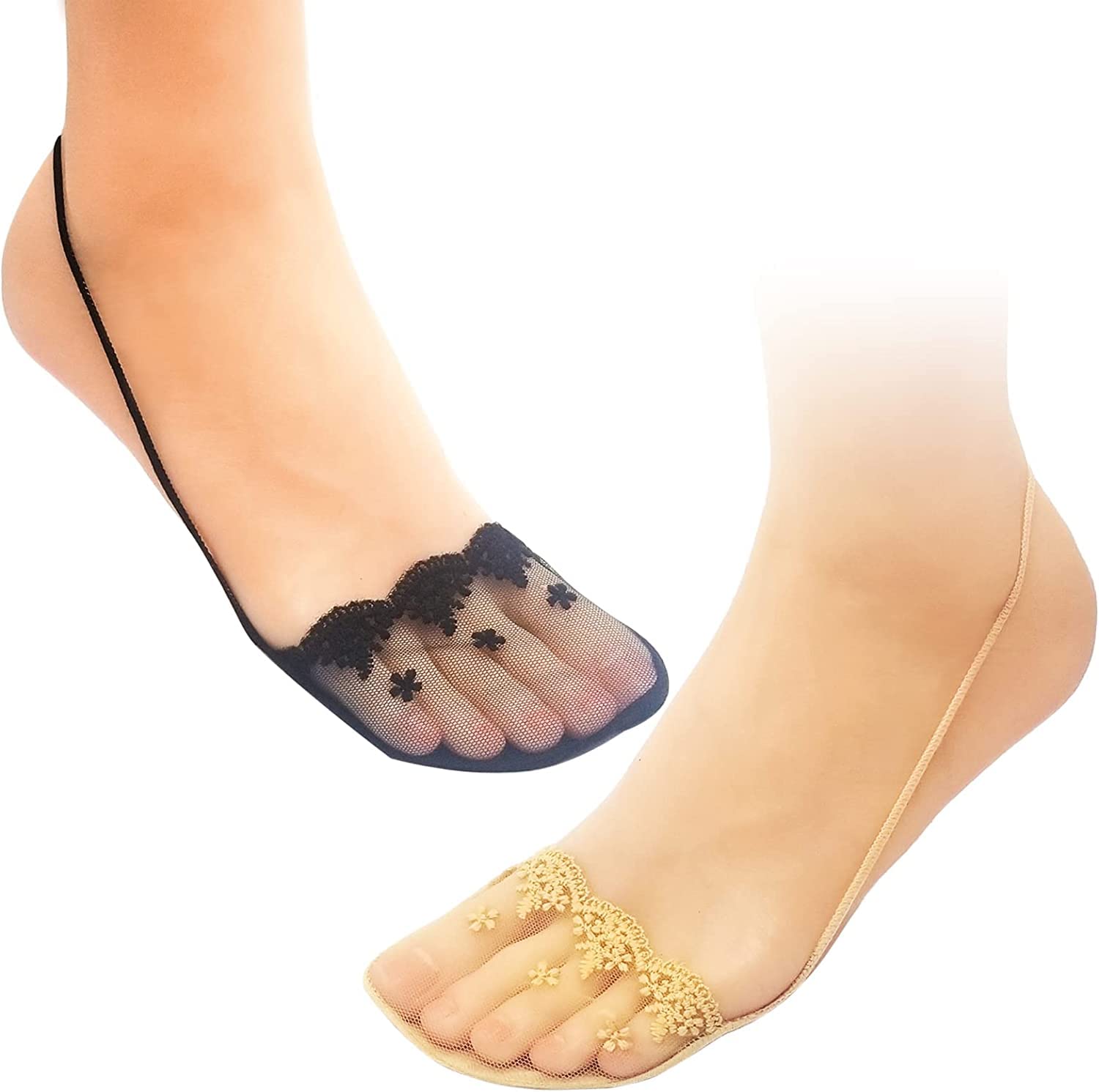 WKLOUYHEWomen Slingback Liner Socks Toe Topper Socks Summer Outdooor No Show Socks Low Cut Invisible Socks for Women Girls (Pack Of 02)_Free Size,Black And Beige