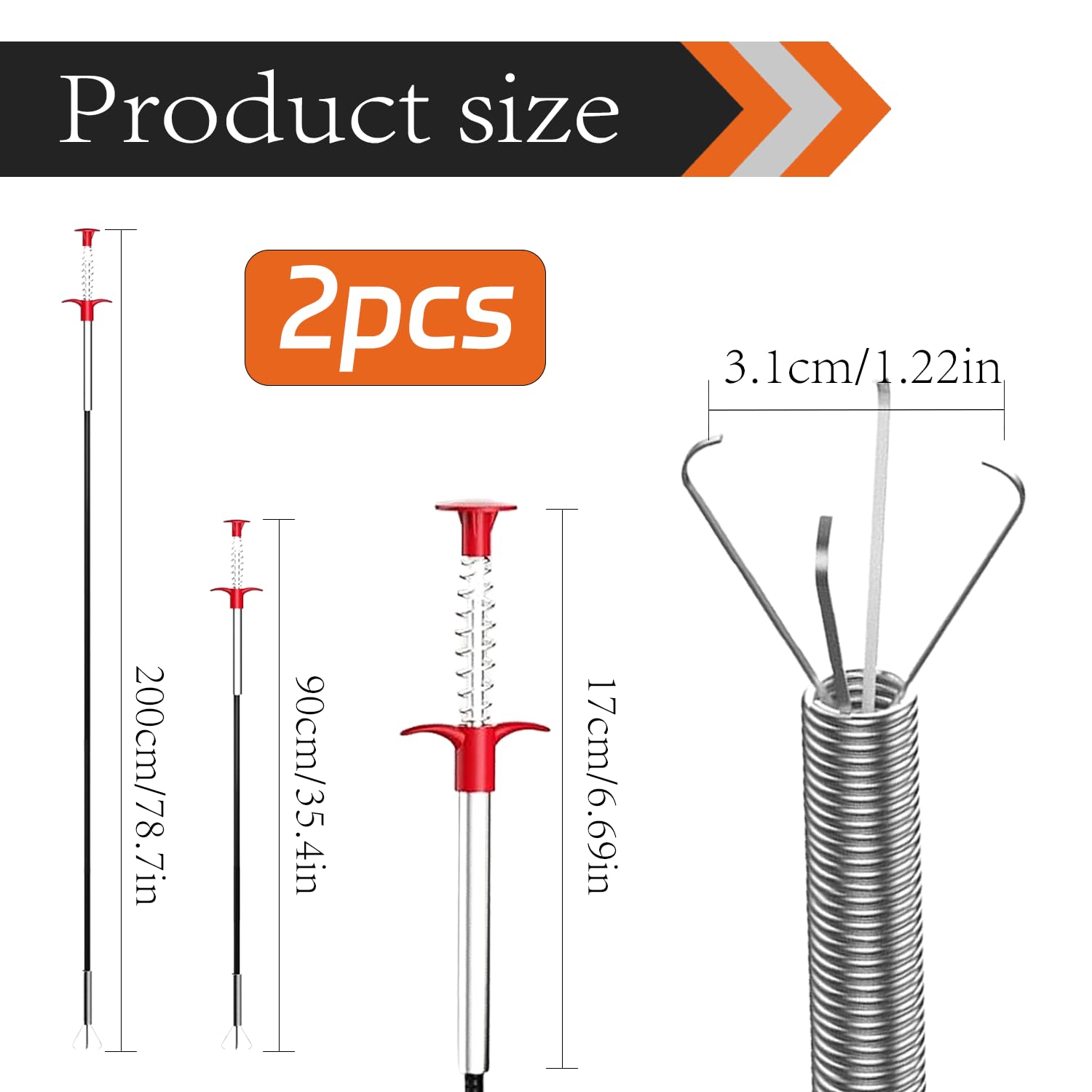 Set di 2 pinze a spirale per la pulizia dei tubi (200 cm + 90 cm), spirale di scarico con pinza per artigli e manico telescopico, per cucina, bagno e toilette
