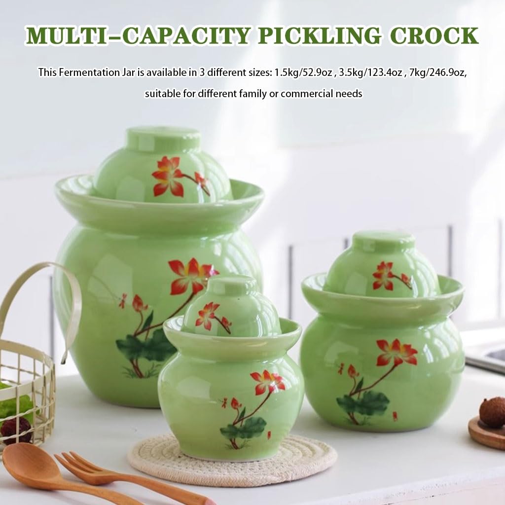 Lotus Pattern Fresh Kimchi Jar, Double Lid Design Fermentation Crock, Traditional Water-sealed Pickling Tank, High Temperature Ceramic Material(3.5kg/123.4oz)