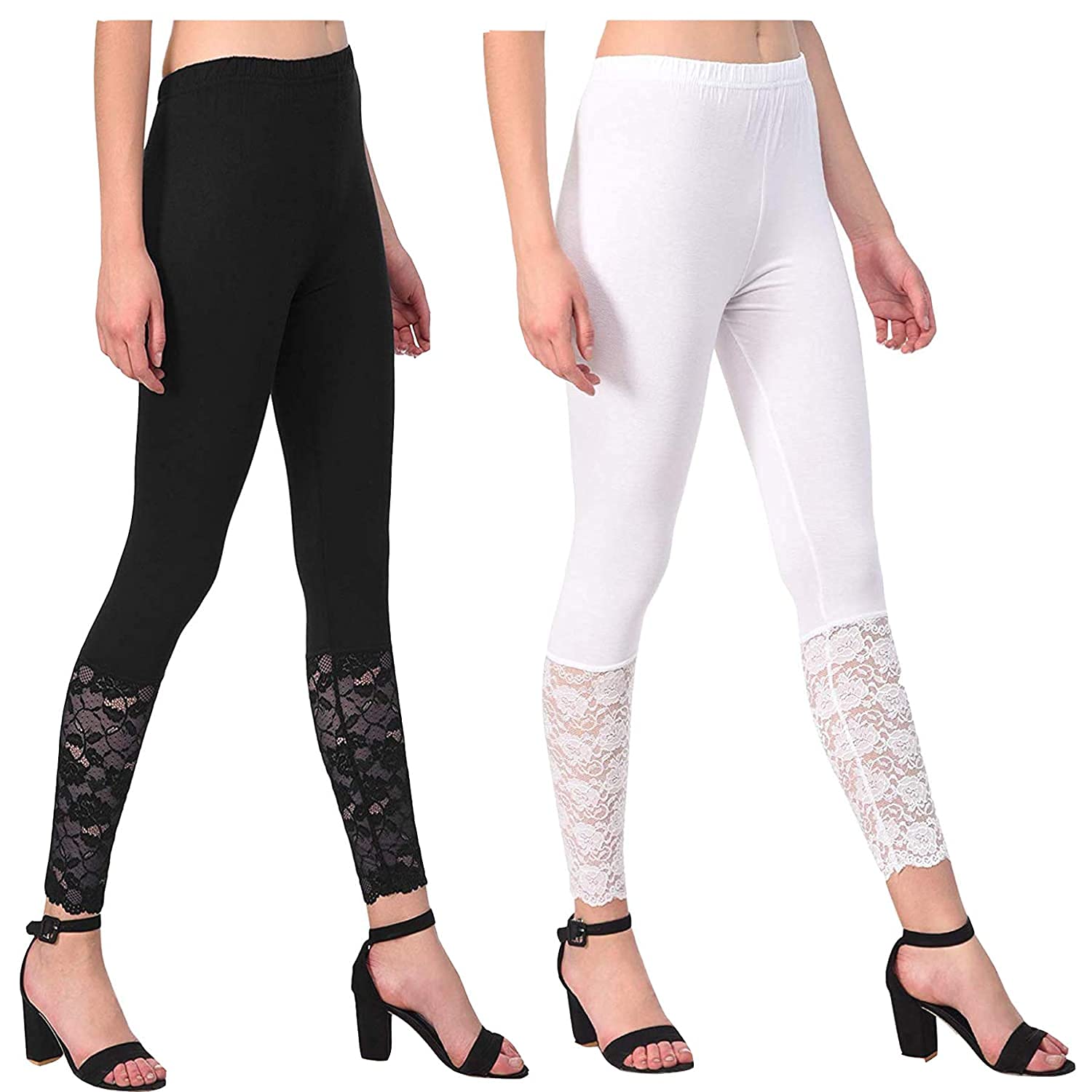 Stylish Ankle Length Regular Fit High Rise Leggings for Women And Girl's Combo|Designer Lace High Rise Leggings for Girls,Black And White,Xl-image-20