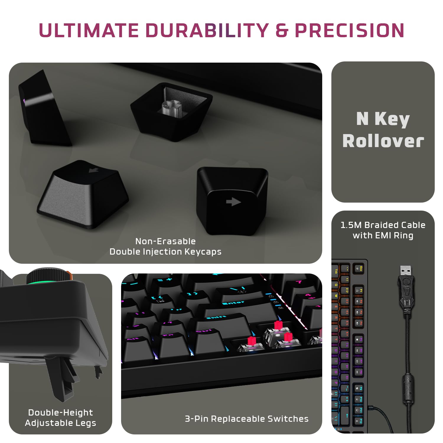 EvoFox Katana X2 FS Mechanical Gaming Keyboard | 3‑Pin Replaceable Clicky Blue Switches, Dynamic Backlighting, All Keys Anti‑Ghosting, Volume Knob, Copilot, Xbox Gamebar, Screenshot & More (Black) — Amazon image 6
