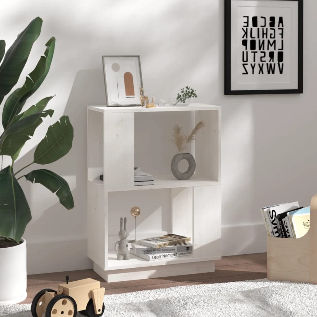 Libreria Divisorio Legno Pino Bianco 51x25x70 cm | Scaffale autoportante compatto per soggiorno e corridoio con ampi ripiani aperti e supporto di fissaggio a parete.