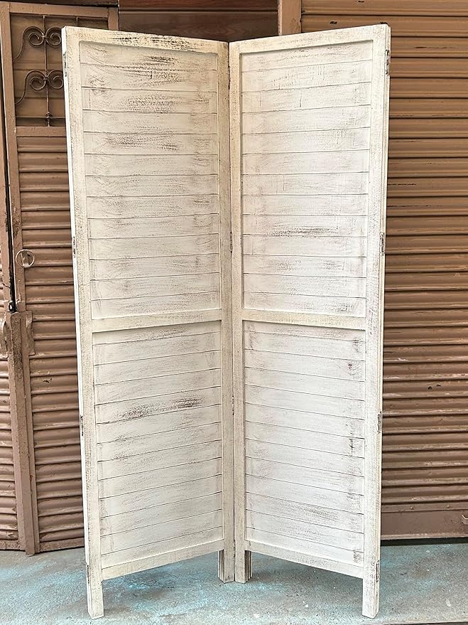 Rustic Roots - Foldable Screen Separator for Living Room, Wooden Room Divider Partition, Pooja Room, Bedroom, Office, Restauran Partition Patti Design, Antique White (2 Panel), 6 Feet-image-15