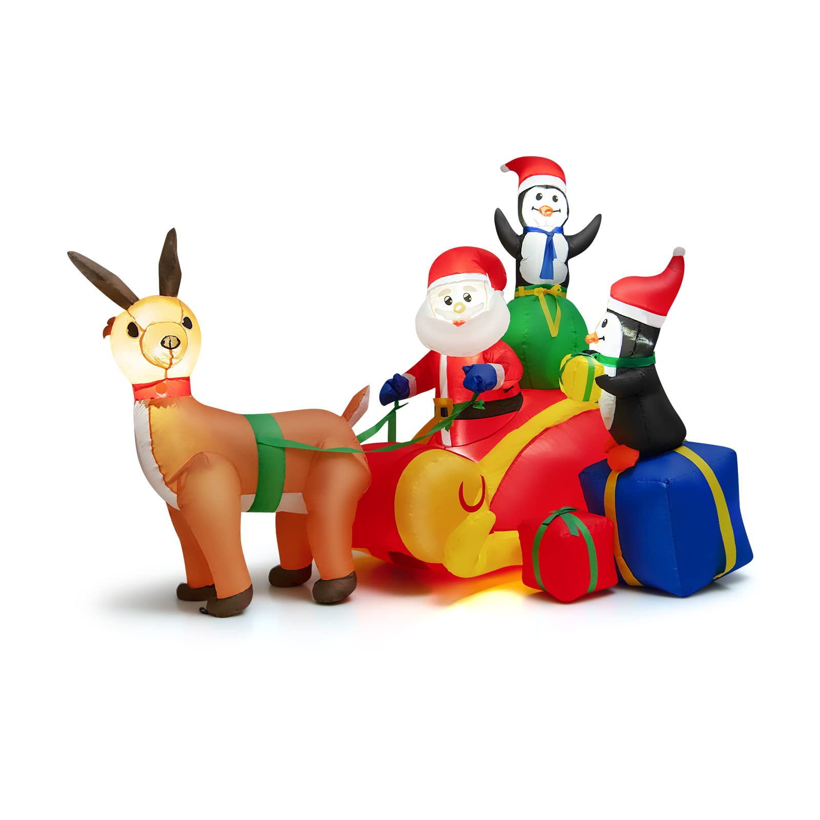 COSTWAY Aufblasbarer Weihnachtsmann mit Schlitten, LED Weihnachtsdekoration mit 2 Pinguinen, Geschenkboxen, Winterdekoration Weihnachtsbeleuchtung für Hof, Rasen, Garten, Party, Selbstaufblasend