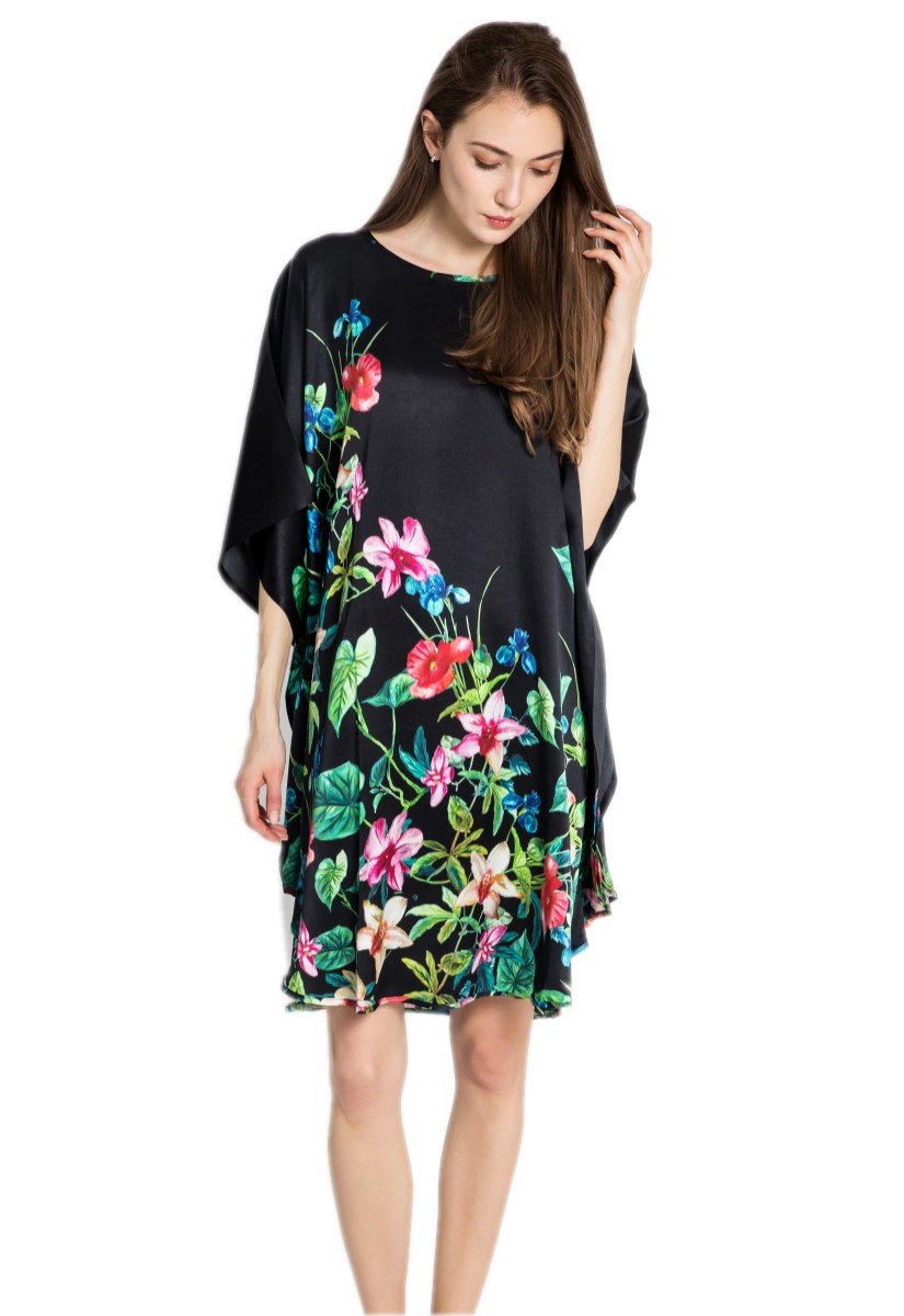 Damen Seidennachthemd 100% Seide lang Nachthemd mit Kunstdruck Schlafkleid, Kaftan oder Tunika