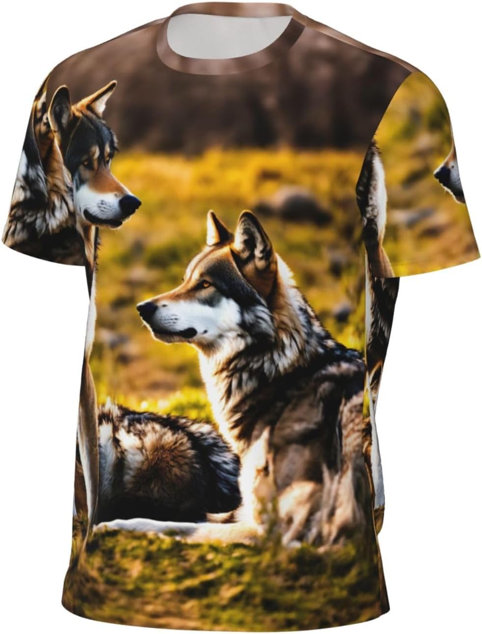Wolfs Print Mens Short Sleeve Mesh T-Shirt Breathable Athletic Gym Running Casual Sports Wear