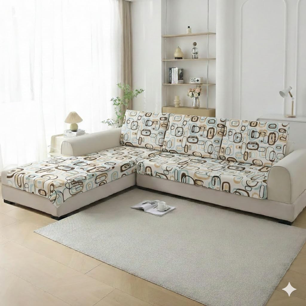 I LIV L Shape Six Seater Sofa Cover Set Pack of 12 Pieces, 6 Back Covers and 6 Seat Covers, Brown Stretchable Sectional Sofa Protector, Washable Couch Slipcover for Living Room Furniture-image-30