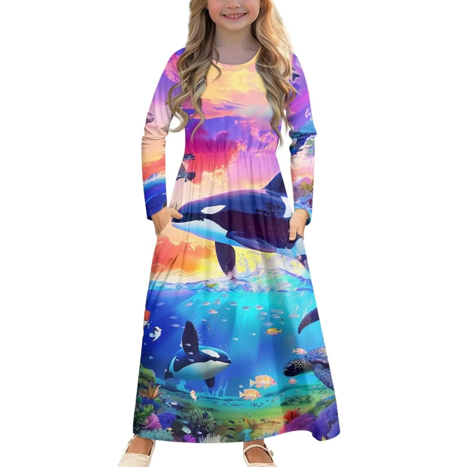 SCRAWLGOD Girls Dresses Size 5-14 Maxi Dresses Kids A Line Party Dress with Pockets Fall Long Sleeve