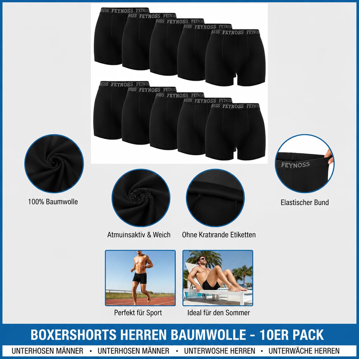 Boxer Homme Lot de 10 en Coton – sous-vêtements Homme Respirants sans Étiquette, Boxers Confortables avec Taille Élastique, Culotte Homme Douce pour Sport, Travail & Quotidien