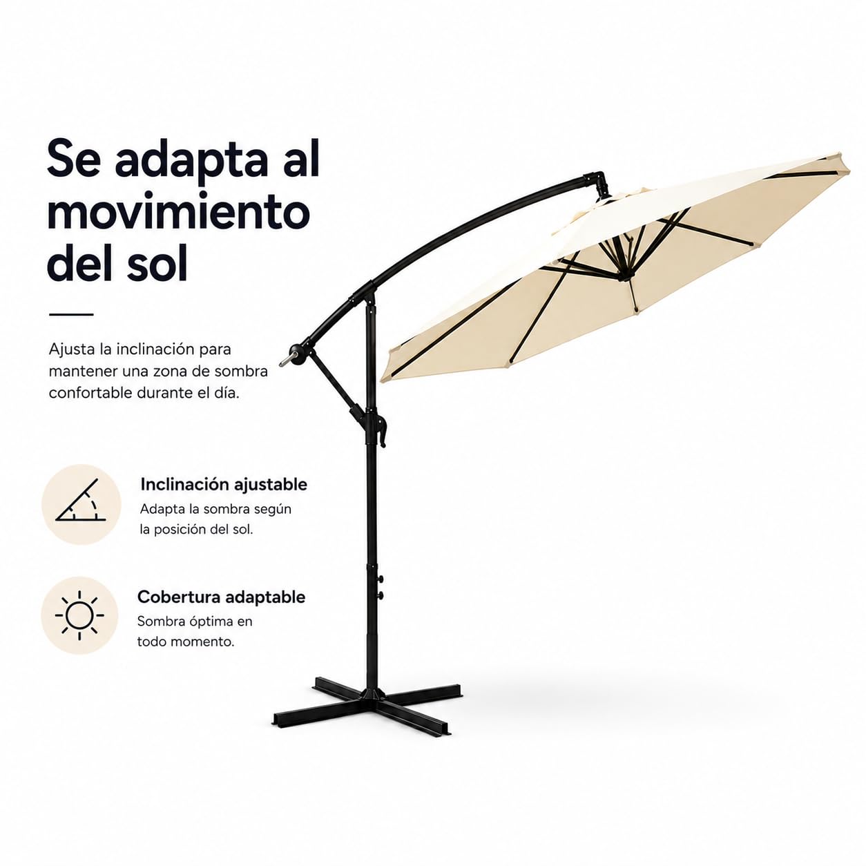 Sombrilla Terraza Exterior 3 m Lateral Inclinable 360° – Parasol Excéntrico de Jardín con Manivela, Mástil Lateral, Protección UV, Tejido Impermeable, Beige (sin base)