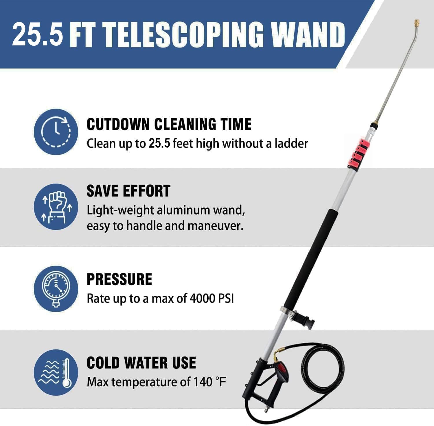 Asta telescopica ad alta pressione da 24 FT con aste di estensione, testa della spazzola, pulitore per grondaie, 7 ugelli spray, 2 adattatori per tubo e cintura di supporto (02 pezzi)
