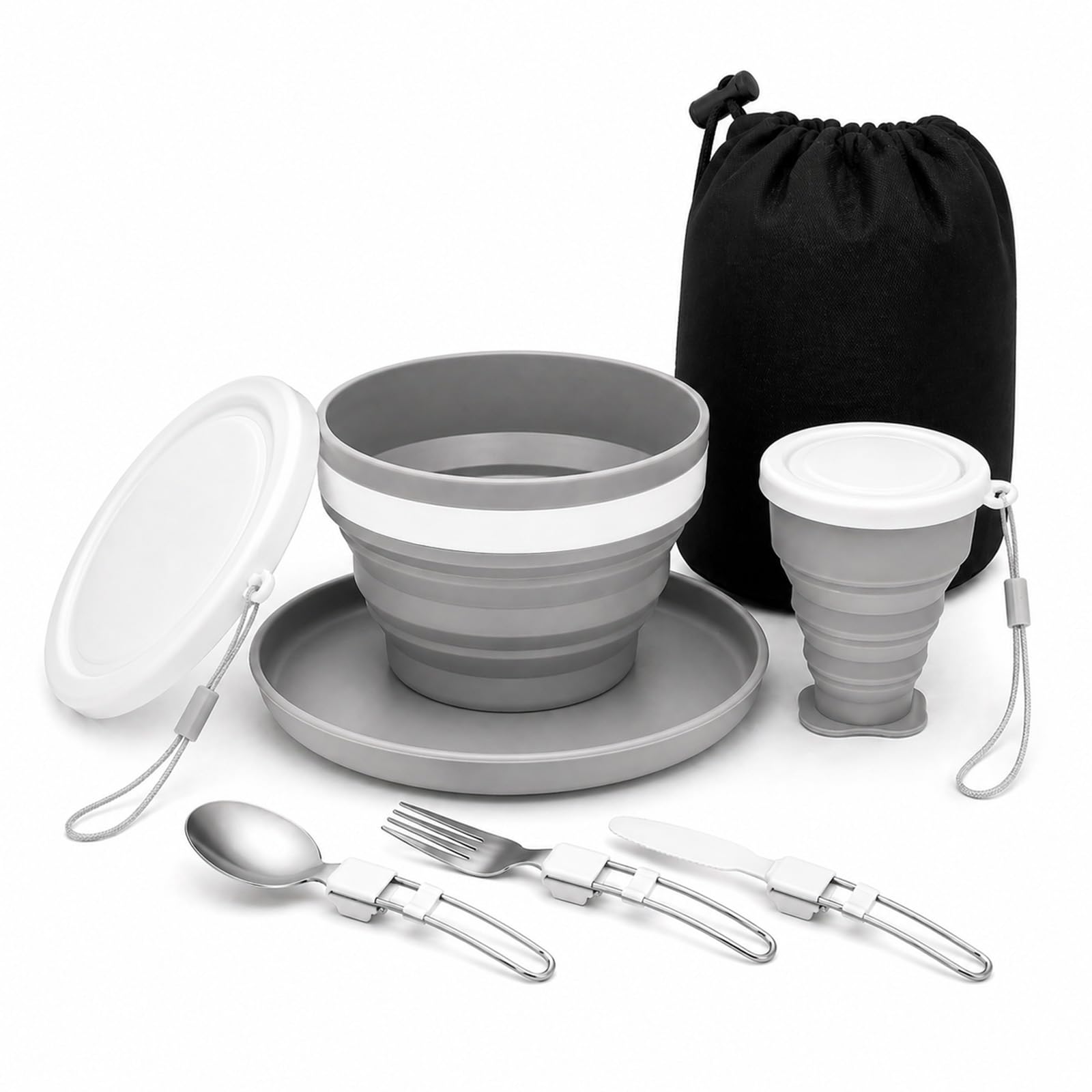 Set da campeggio pieghevole 6 in 1 – Contiene coltello, cucchiaio, forchetta acciaio inox, tazza, scodella, piatto e rete. Perfetto per viaggi, trekking, picnic e campeggio