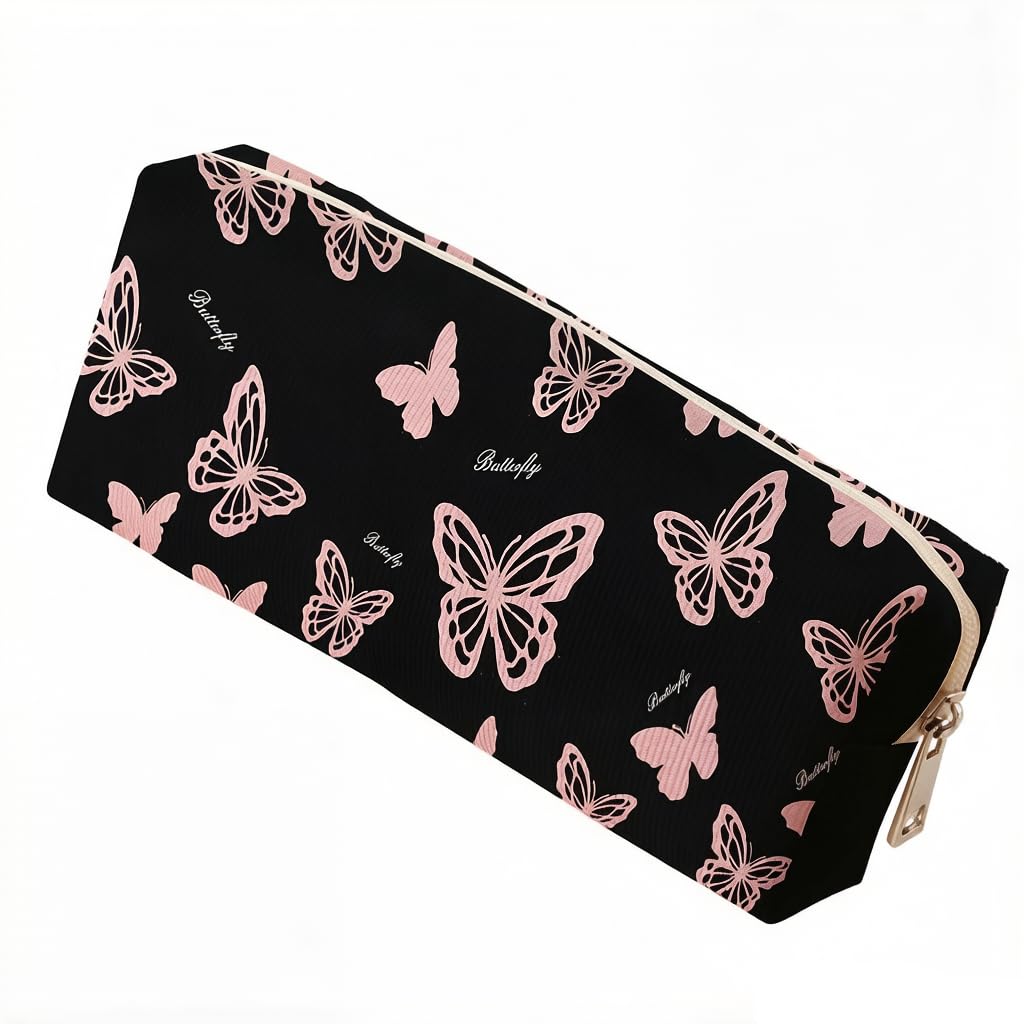 Pencil Case for Girls, Large Capacity Portable Pencil Pouch with Black Body & Pink Butterfly Print, Cute Thin Pencils Case for School Office Travel, Desk Organizer for Pens Markers Makeup Brushes