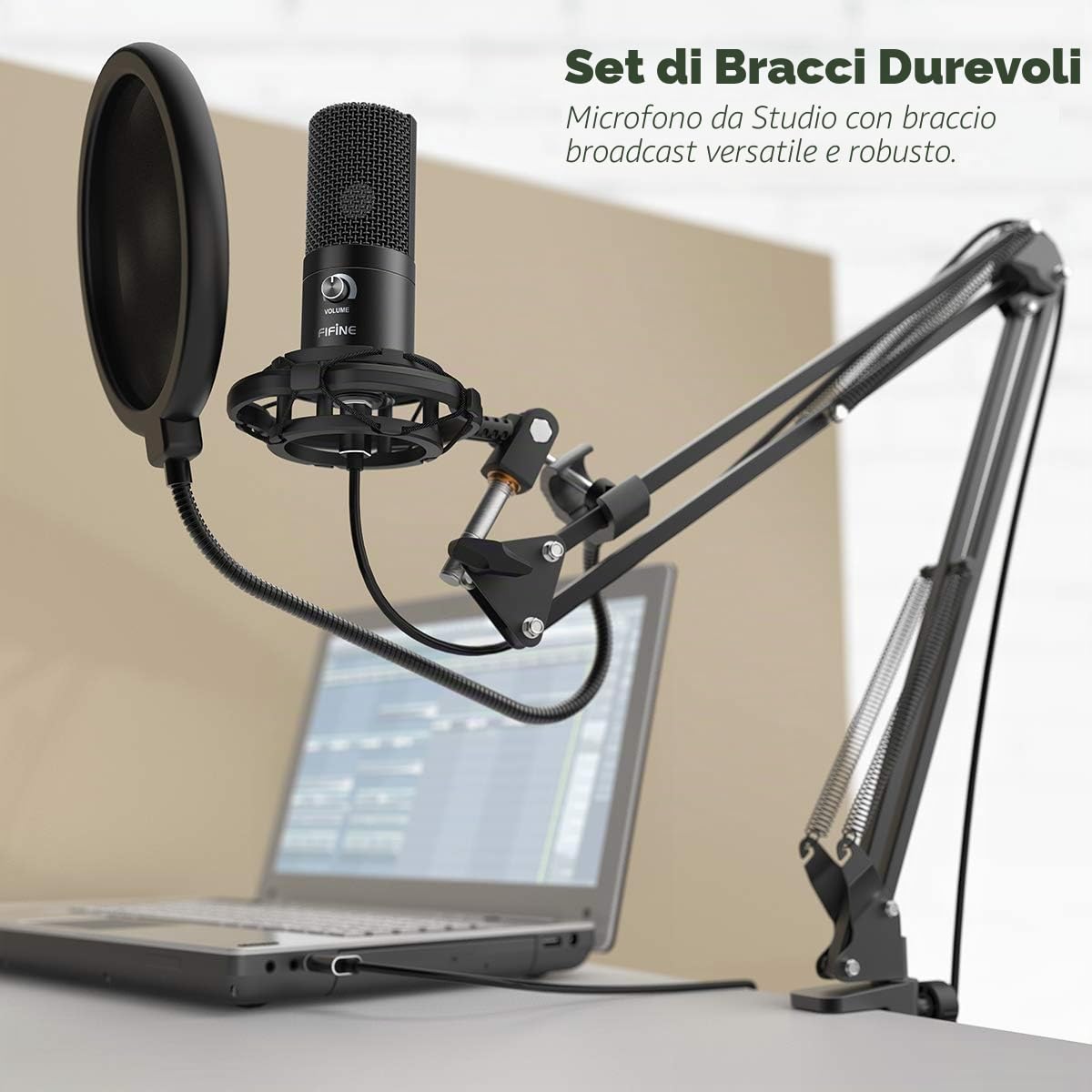 FIFINE Condensatore a Microfono studio kit, USB Microfono Computer con Braccio per Microfoni Regolabile e Filtro Anti-pop per Strumenti Voice Overs Registrazione Podcasting YouTube Gaming