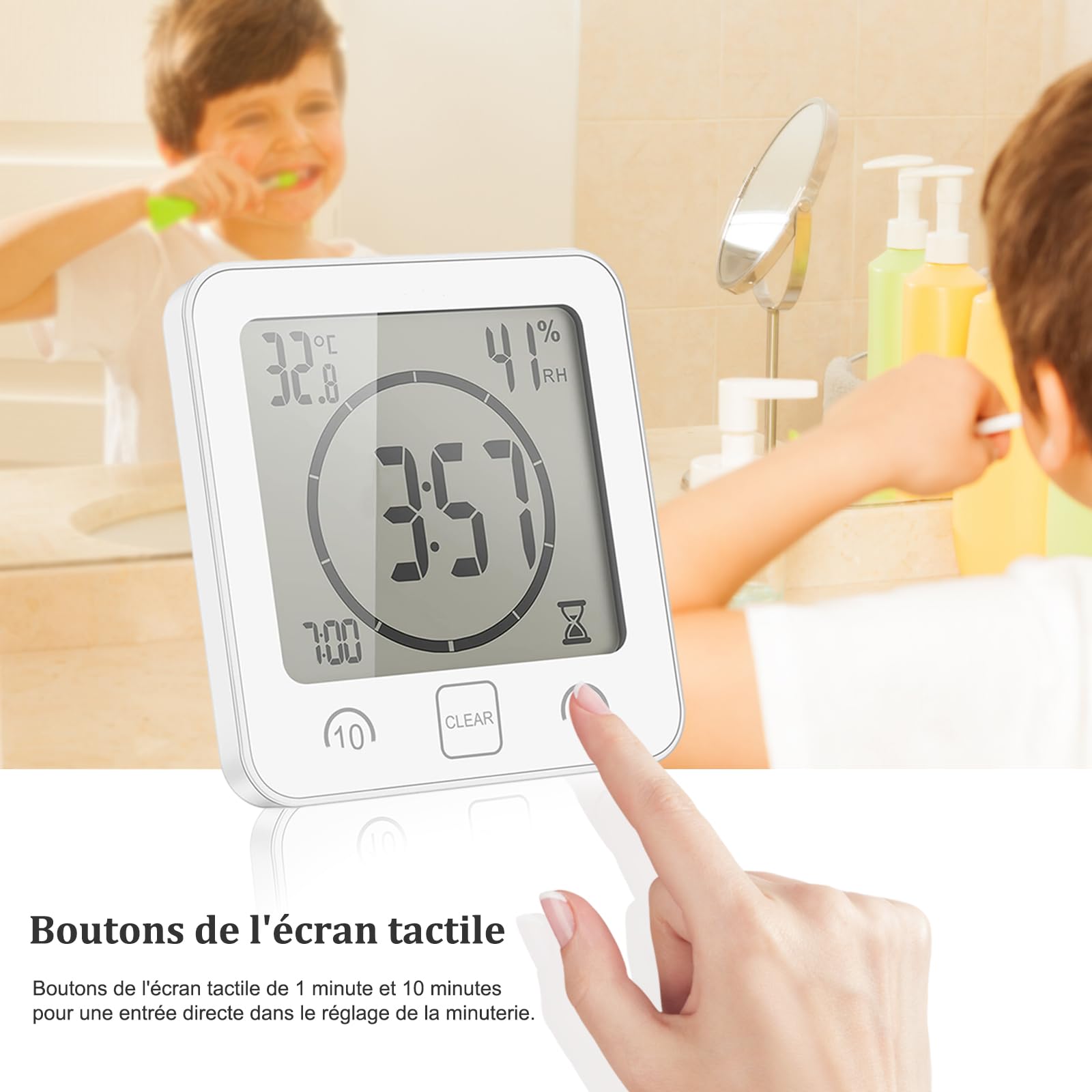 Horloge De Salle De Bain, Horloge De Douche Contrôle Tactile étanche, Alarme Numérique LCD, Thermomètre Hygromètre, Minuterie De Compte à Rebours, Alimenté Par Pile, Pour Maquillage Cuisine (Bleu