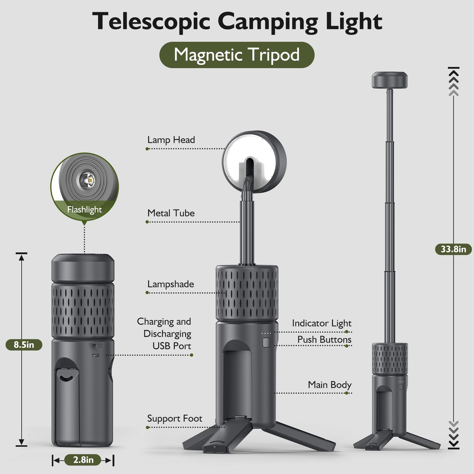Linterna de Camping Telescópica Recargable,14000mAh LED Multifunción, Magnética y con Trípode, Impermeable IPX5, Luz de Tienda, Lámpara de Trabajo para Acampada, Exterior, Emergencia