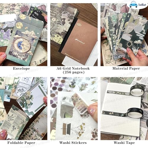 Image of FunBlast Aesthetic Scrapbooking Kit - 213 Pcs Vintage Junk Journal Supplies with Scrapbook Paper, Washi Stickers, A6 Grid Notebook, DIY Craft Journaling Gift for Teen, Girl, Adult (Green)