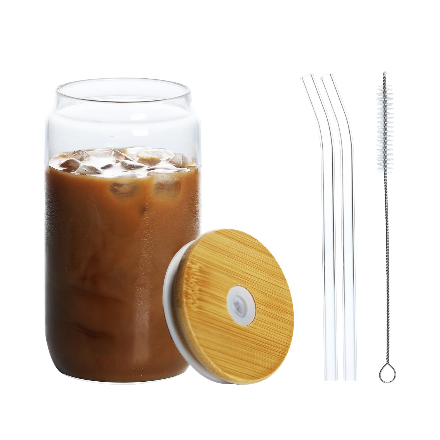 XCENUNTY glass 16 ounces (approximately 453.6 grams), 1 glass with lid and straw - coffee cup, water, beer, cute tea, gift -1 cleaning brush, 2 straw