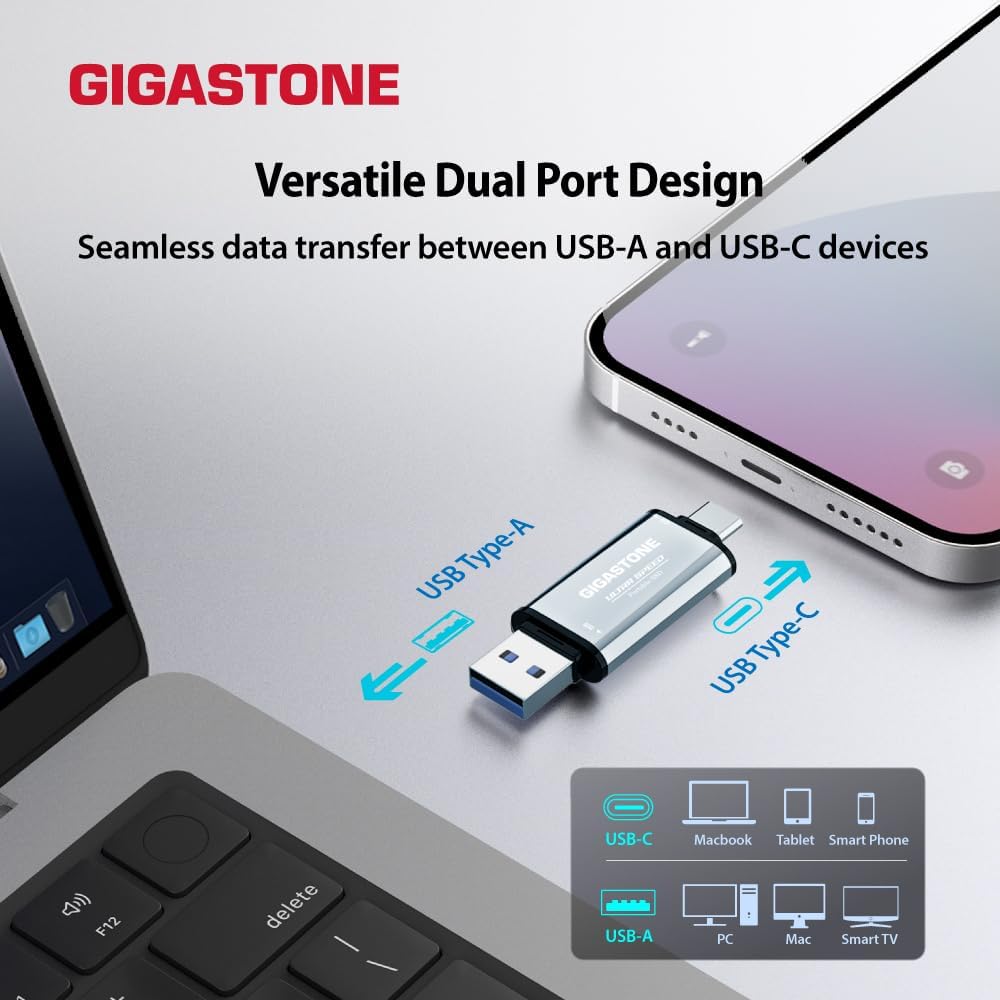 Gigastone Duo Go USB-A+C 512GB (4-Pack) Dual External Portable SSD 500MB/s Glossy Surface, Supports Apple 4K 60fps ProRes HDR Video Recording USB3.2 Gen 2 for iPhone 16 PS5 Mac iPad Laptop Android